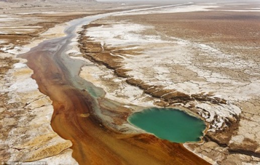 Muối rộp trắng trên mặt đất nơi một nhánh suối nhỏ đổ ra Biển Chết